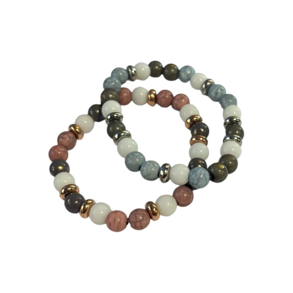 Amelia Rue Beaded Stretch Bracelet Set Pink, Gray & Blue Stones
